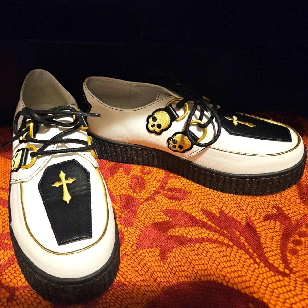 Gold Black and White Coffin Goth Creepers with Skulls Strange Cult Strange cvlt